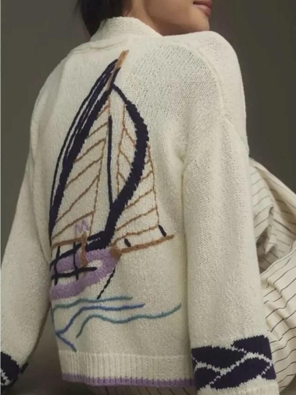 Anthropologie Maeve Maggie Sailboat Embroidered Cardigan Knit Open Front XS/S